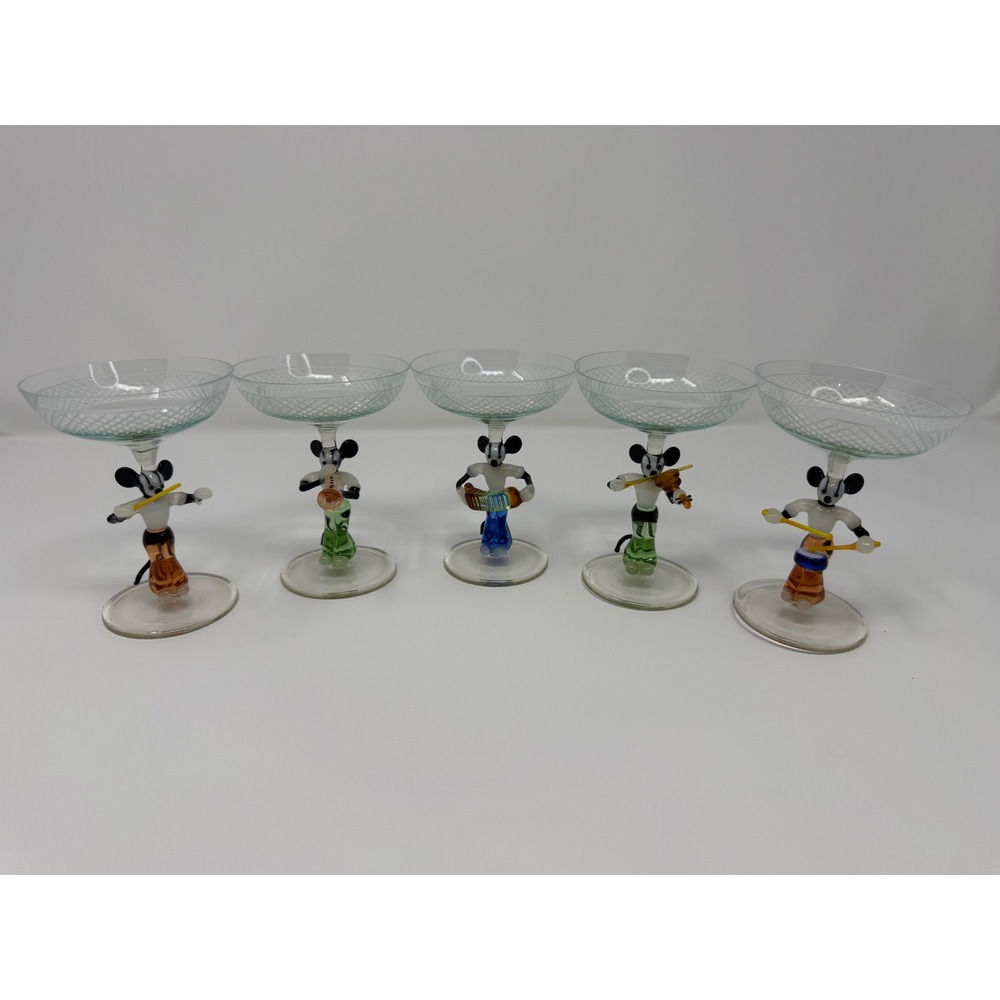 Rare VTG Mickey Mouse Musician Band Cocktail Glasses Murano Art Glass Set 5